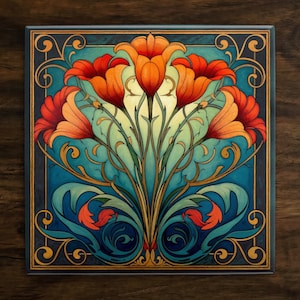 May include: A square tile with a decorative design featuring stylized orange flowers with intricate gold and green details on a blue background.