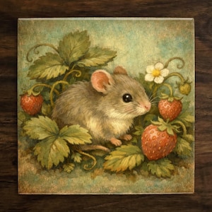 May include: A square ceramic tile featuring a detailed illustration of a small mouse amidst strawberry plants. The mouse has gray fur and is surrounded by green leaves and ripe red strawberries. A white flower is also visible.