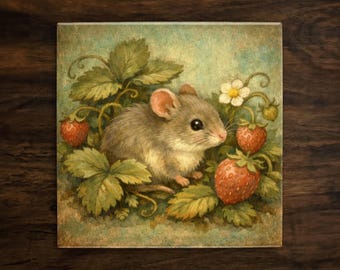 Mouse Strawberry Ceramic Tile, Woodland Cottagecore Kitchen Backsplash