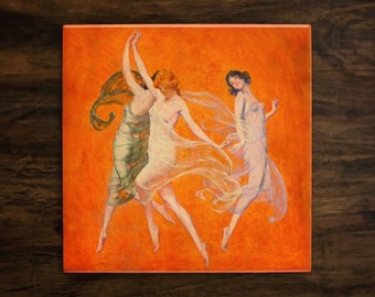 Dance of Three Muses, Art on a Glossy Ceramic Decorative Tile, Free Shipping to USA