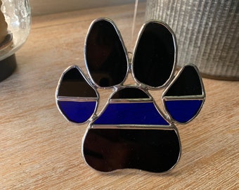 Thin blue line stained glass K9 law enforcement dog paw print