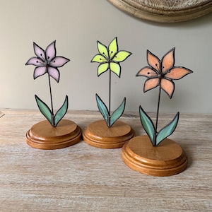 Stained glass lily on a wood stand - sun catcher