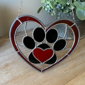 stained glass heart paw print suncatcher