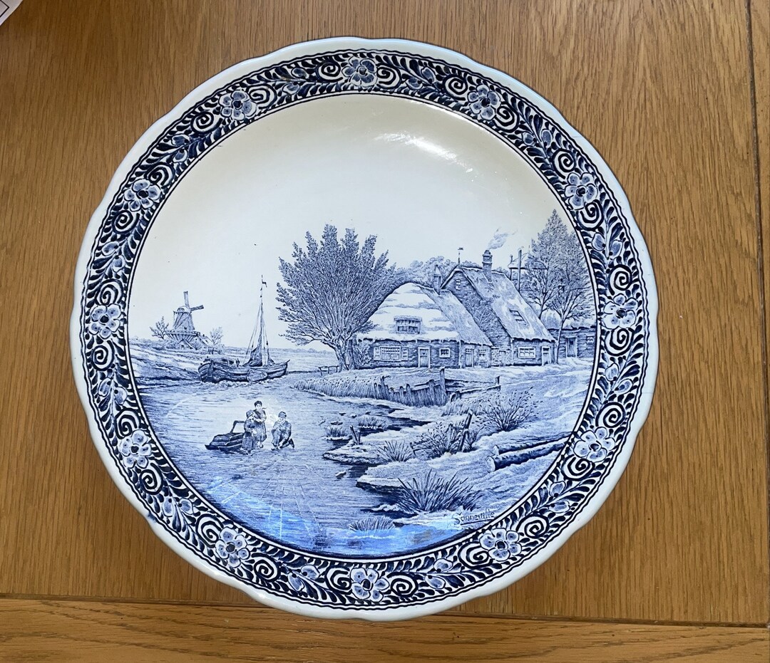 Vintage Belgian Plate Signed Sonneville Boch Blue Delft Canal Windmill