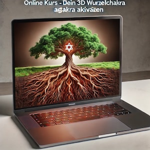 Könnte beinhalten: Ein Laptop mit einem Bildschirm, der einen grünen Baum mit einem Davidstern in der Mitte zeigt. Die Wurzeln des Baumes sind sichtbar und breiten sich über den Boden aus. Der Text "Online Kurs - Dein 3D Wurzelchakra chakra aktivieren" wird oben auf dem Bildschirm angezeigt.