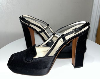 Prada Autumn/Winter 2002-03 Vintage Platform Slingback Heels - Satin and Calfskin - Size 5 / 38