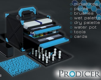 May include: A black and blue 3D printed Hobby ProBox with three drawers, a handle, and a removable tray. The box is open and shows various compartments for miniatures, paints, brushes, and other painting supplies. The box is labeled "Hobby ProBox" and "PRODICER".