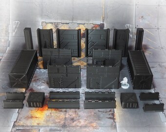 May include: A set of 20 black plastic modular terrain pieces for tabletop gaming. The pieces include walls, containers, and barricades. The pieces are designed to be used with a variety of tabletop games, including wargames, role-playing games, and board games.