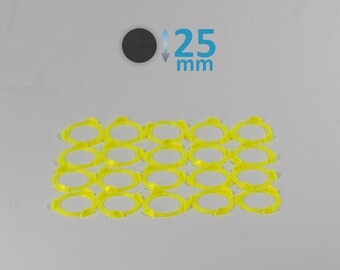 May include: A set of 25 bright yellow plastic rings, each measuring 25 mm in diameter. The rings are arranged in a rectangular grid pattern.