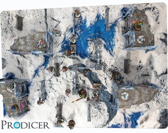 May include: Overhead view of a tabletop gaming mat with a snowy, futuristic landscape. The mat features miniature buildings, walkways, and figures, with blue water-like elements. The word "PRODUCER" is printed at the bottom.