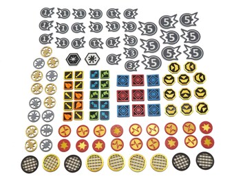 May include: A set of colorful game pieces, including numbers, stars, and symbols. The pieces are made of wood and have a variety of shapes and sizes.