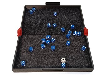 May include: A black dice tray with a gray felt interior, open to reveal scattered blue dice with white dots and one white and black die. The tray has red hinges and a handle. The word "PRODUCER" is printed at the bottom.