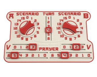 May include: A white game board with red numbers and a red baseball graphic. The board has two dials with numbers 1-15 and a row of numbers 0-6. The text "Scenario A", "Turn", "Scenario B", "Prayer", and "V" are printed on the board.
