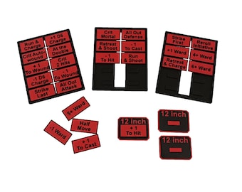 May include: A collection of black and red tabletop game tokens. The tokens include various game effects and measurements, such as "12 inch", "+1 To Hit", and "Retreat & Charge". The tokens are designed for use in a tabletop strategy game.