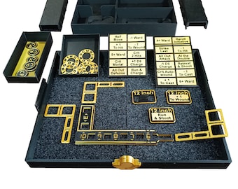 May include: A black and gold tabletop gaming set with various game pieces, including tokens, markers, and trays. The set includes text that reads "12 inch Run & Shoot" and "PRODICER".