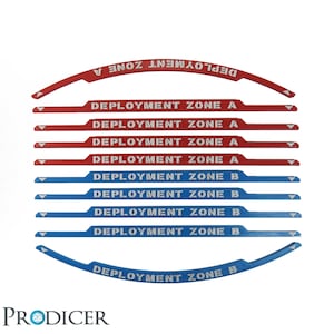 May include: A set of ten red and blue plastic deployment zone markers for a tabletop wargame. The markers are labelled "Deployment Zone A" and "Deployment Zone B".