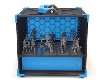 May include: A black storage case with a blue handle and blue accents. The case has a honeycomb pattern on the inside and is filled with miniature figures. The case has the text "GW" and "SUPER" on the bottom.