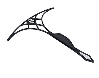 May include: A black, matte-finished, fan-shaped gaming accessory featuring a web-like lattice structure. The top section displays the number 8 in a white, stylized font. The handle is elongated with a textured grip and a white diamond-shaped accent.