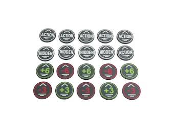 May include: A collection of twenty circular game tokens arranged in four rows. The top two rows feature dark gray tokens with white text reading ACTION or HIDDEN. The bottom two rows contain tokens with numerical values plus six, minus six, plus three, and minus three in green or red.