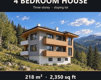 May include: A three-story house plan for a sloping lot, featuring a 4-bedroom design. The exterior shows a modern structure with wood paneling, gray panels, and white stone accents. Text includes C'EST LA VIE BUILDINGS, 4 BEDROOM HOUSE, 218 m2, 2,350 sq ft, EDITABLE DWG + PDF, INSTANT DOWNLOAD, ARCHITECT-DESIGNED, TRUE 1:50, METRIC.