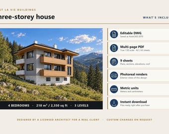 Może przedstawiać: Cyfrowy projekt architektoniczny trzypiętrowego domu z 4 sypialniami i 218 m². Obraz przedstawia wizualizację nowoczesnego domu na zboczu wzgórza oraz listę dołączonych plików, takich jak edytowalne pliki DWG i PDF.
