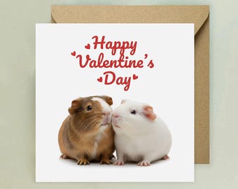 May include: Valentine's Day greeting card featuring two guinea pigs, one brown and white, the other white, nose to nose. The red text "Happy Valentine's Day" is above the guinea pigs. The card is on a white background with a brown envelope.