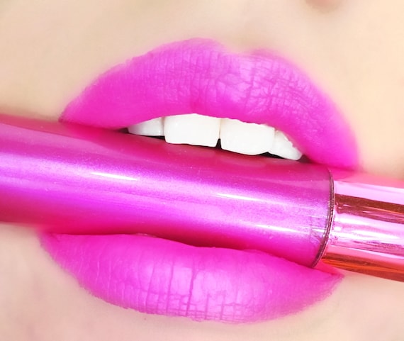Metallic liquid lipstick Basic Witch Beauty magenta pink neon matte lipstick in shade Petal to the metal