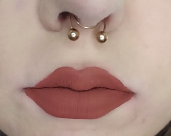 Matte liquid lipstick, brick red smudge proof, transfer proof, 24 hour wear lipstick, vegan and cruelty free, in shade camp fire