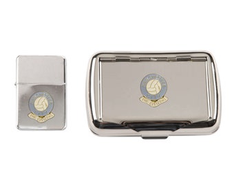 Manchester City football club polished chrome tobacco tin and stormproof petrol lighter