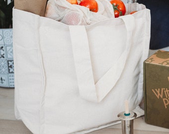 May include: A white canvas tote bag with long handles. The bag is filled with a mesh produce bag containing red apples and tomatoes.