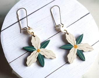 Hand-Painted Wood Trillium Earrings, Laser Cut Flower Earrings, Statement Earrings, Flower Dangles, Nature Inspired Jewelry, wild flowers