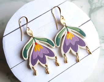 Hand-Painted Wood Flower Earrings, Laser Cut Wood Earrings, Statement Earrings, Flower Dangles, Nature Inspired Jewelry, Tulip earrings