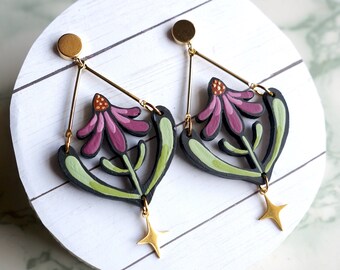 Hand-Painted Wood Echinacea Flower Earrings, Laser Cut Wood Earrings, Statement Earrings, Flower Dangles, Nature Inspired Jewelry