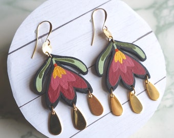 Hand-Painted Wood Flower Earrings, Laser Cut Wood Earrings, Statement Earrings, Flower Dangles, Nature Inspired Jewelry, Tulip earrings