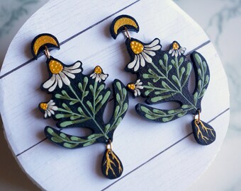 Hand-Painted Chamomile Earrings, Statement Earrings, Flower Dangles, Nature Inspired Jewelry, wood earring