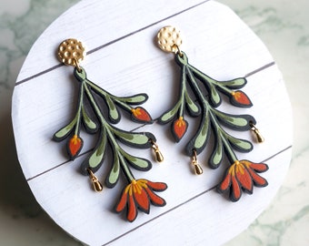 Hand-Painted Wood Flower Earrings, Statement Earrings, Flower Dangles, Nature Inspired Jewelry