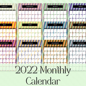 2022 Monthly Calendar | For Printable or Digital Use | Sunday Start | Monday Start | PDF | PNG | Blank / Unlined or Lined