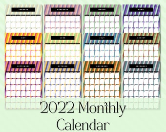 2022 Monatskalender | Zum ausdrucken oder digitalen Gebrauch | Sonntagsanfang | Montag Start | PDF | PNG | Blanko / Ungefüttert oder gefüttert
