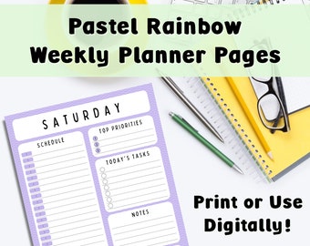 Pastell Regenbogen Wochenplaner Seiten | Druckbare Planer Seiten | Digitale GoodNotes Passion Planner Seiten | Sonntag Start | Montag Start