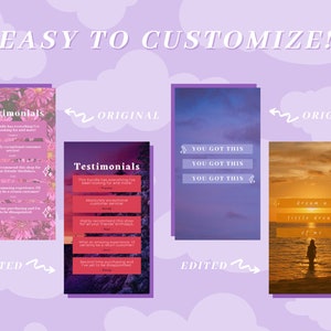 Puede incluir: Cuatro im&aacute;genes diferentes que muestran c&oacute;mo personalizar un dise&ntilde;o. La primera imagen es un fondo floral rosa con el texto "Testimonials" y algunas rese&ntilde;as de clientes. La segunda imagen es una puesta de sol sobre el oc&eacute;ano con el texto "dream a little dream of me". La tercera imagen es un cielo morado y azul con el texto "You got this" repetido tres veces. La cuarta imagen es un fondo floral rosa con el texto "Testimonials" y algunas rese&ntilde;as de clientes.