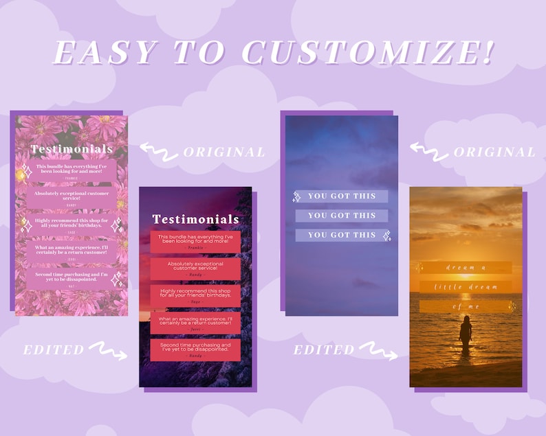 Puede incluir: Cuatro im&aacute;genes diferentes que muestran c&oacute;mo personalizar un dise&ntilde;o. La primera imagen es un fondo floral rosa con el texto "Testimonials" y algunas rese&ntilde;as de clientes. La segunda imagen es una puesta de sol sobre el oc&eacute;ano con el texto "dream a little dream of me". La tercera imagen es un cielo morado y azul con el texto "You got this" repetido tres veces. La cuarta imagen es un fondo floral rosa con el texto "Testimonials" y algunas rese&ntilde;as de clientes.