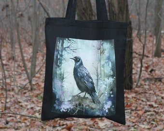 Sustainable fabric bag with magnificent raven on black - Hand-printed from 100% cotton | Immerse yourself in nature | Jute bag