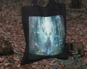 Sustainable fabric bag with majestic stag motif on black - Hand-printed from 100% cotton | Immerse yourself in nature | Jute bag