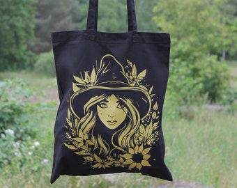 cotton fabric bag witch | tote bag for all who love dark magic, black magic and mystical. handmade & eco