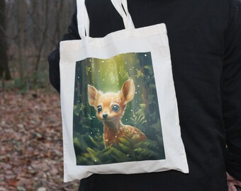 Sustainable fabric bag with cute fawn motif in natural colors - Hand-printed from 100% cotton | Immerse yourself in nature | Jute bag