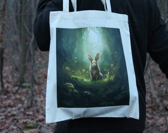 Sustainable fabric bag with cute forest hare motif natural colors - Hand-printed from 100% cotton | Immerse yourself in nature | Jute bag