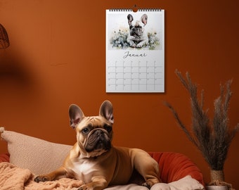 2024 handmade wall calendar with French Bulldogs | watercolor | flowers | dogs | year planner | A4