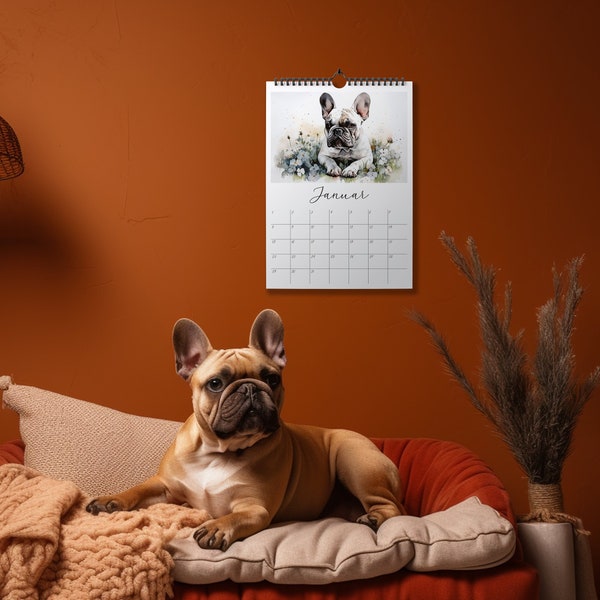 2024 handgemachter Wandkalender mit Französischen Bulldoggen | Wasserfarbe | Blumen | Hunde | Jahresplaner | A4