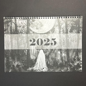 2025 mystical wall calendar with black and white art forest witch animals monster magic dark aesthetic fantasy goth handmade planner