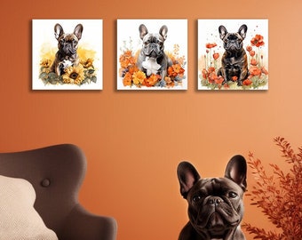 Frenchie - French Bulldog art print on canvas in red, orange and yellow, 20x20 cm - Unique decoration for dog lovers